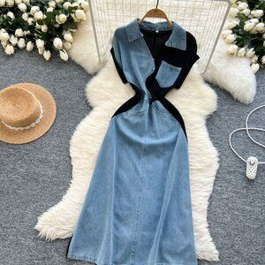 Vintage style lapel sleeveless denim dress